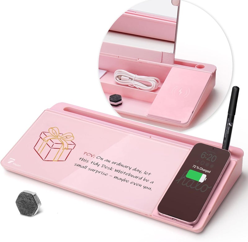 TOWON Desktop Glass Whiteboard with Charger Pad, Small Desk Whiteboard - Glass Dry Erase White Board- Desk Computer Buddy with Storage, Mirror and Charging Station, Pink, 17 x 6 in - Image 1